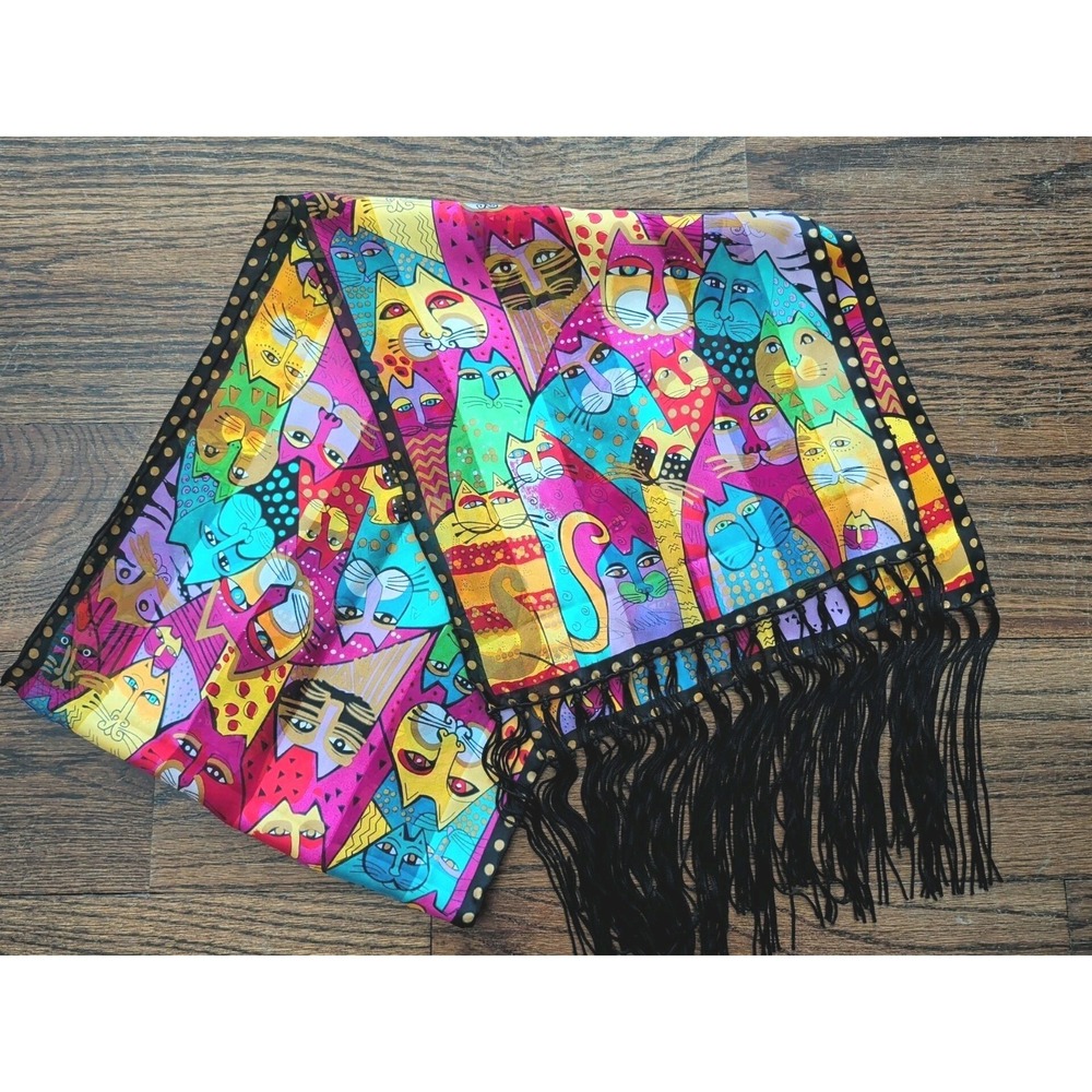 Laurel Burch Multicolor Abstract Cat Art Silk Scarf Fringe Cat LadyVibrant 11X53